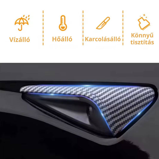 Tesla Model 3 és Y oldalsó kamera védőburkolat – Matt karbon mintázattal (2024–2025)