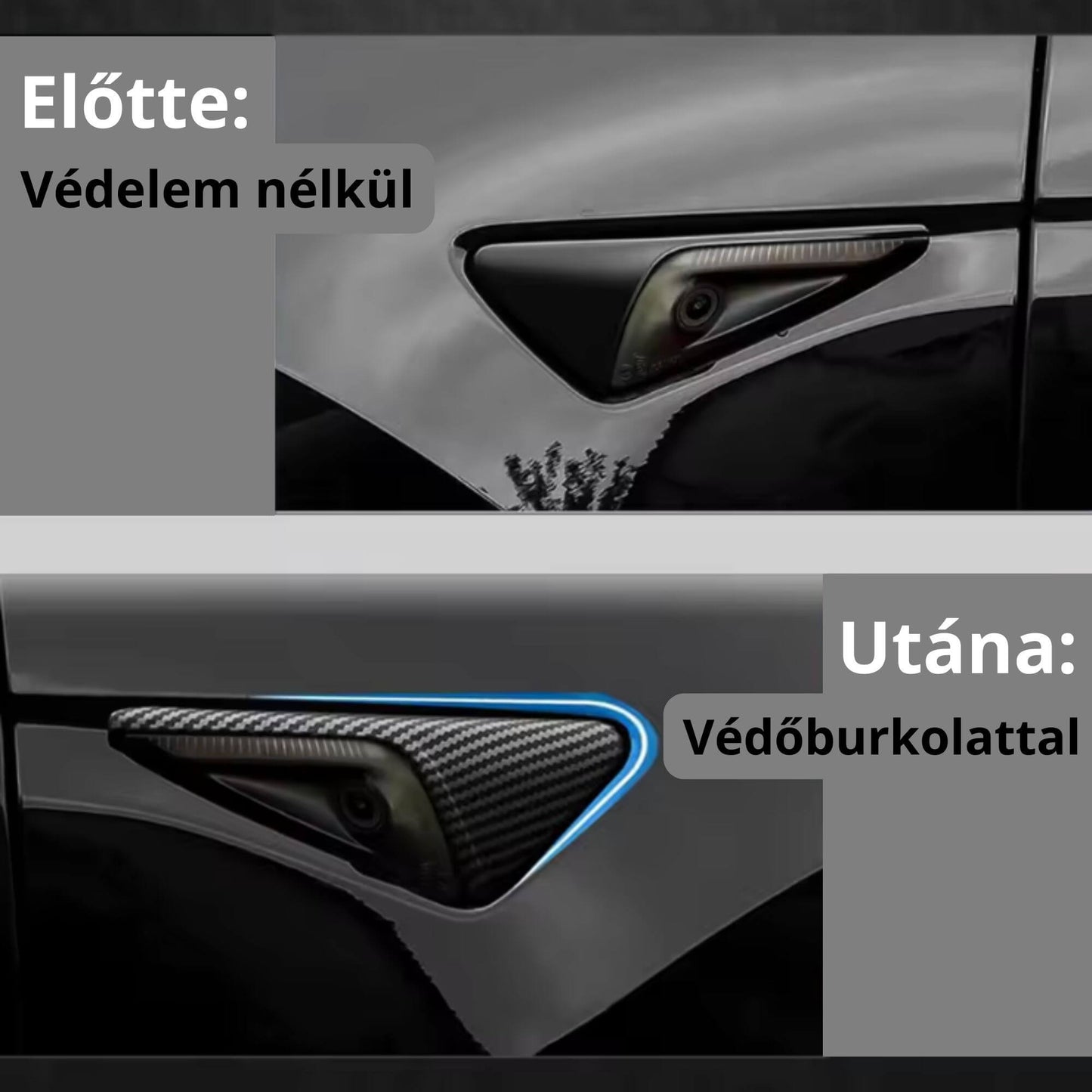 Tesla Model 3 és Y oldalsó kamera védőburkolat – Matt karbon mintázattal (2024–2025)