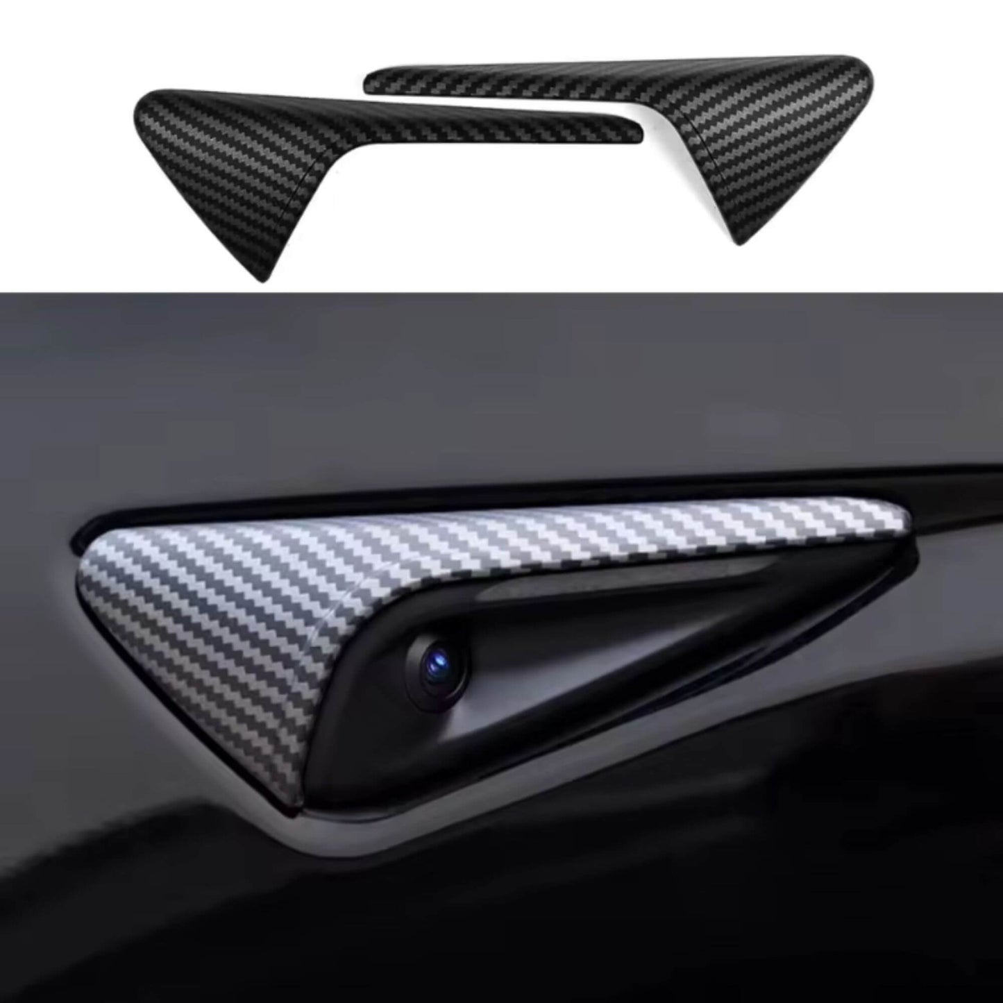 Tesla Model 3 és Y oldalsó kamera védőburkolat – Matt karbon mintázattal (2024–2025)