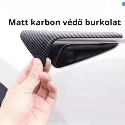 Tesla Model 3 és Y oldalsó kamera védőburkolat – Matt karbon mintázattal (2024–2025)